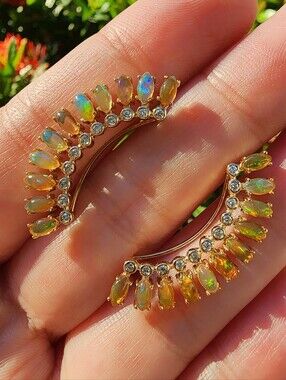 14k Yellow Gold Opal Diamond Ear climber Earrings